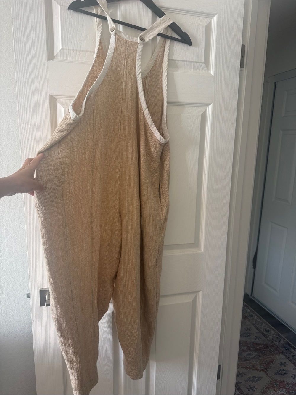 Free People Natural Woven Tank Romper with White Trim - Picture 3 of 4
